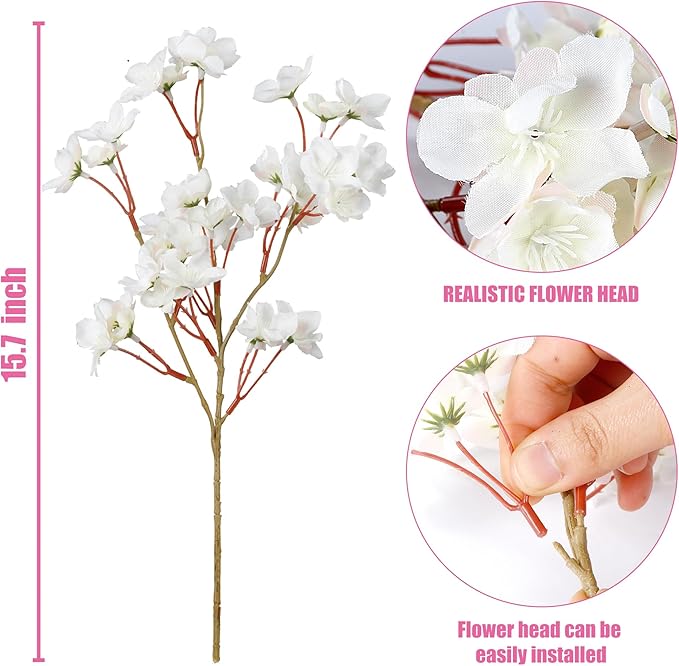 Sggvecsy Artificial Cherry Blossom Flowers 8 Pcs Faux Cherry Blossom Stems Faux Silk Cherry Blossom Branches 15.7’’ Fake Peach Flowers for Vase Arrangements Home Wedding Table Decor (White)