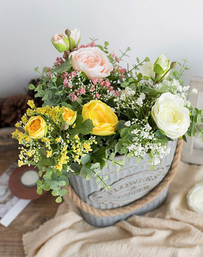 DEEMEI Artificial Babys Breath Flowers Silk White Peony Roses Eucalyptus Leaves Wedding Bridal Bouquets for Table Centerpieces (2 Bundles)