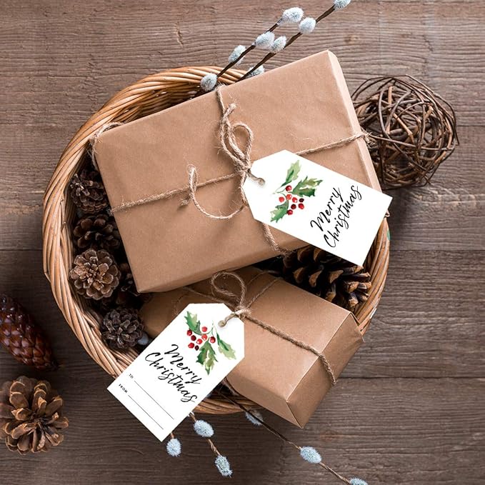 Andaz Press Christmas Holiday Season Classic Gift Tags, Merry Christmas to from Classic Favor Tags, Watercolor Holly Branch Design, for Holiday Events, Parties, and Favors, 60-Pack
