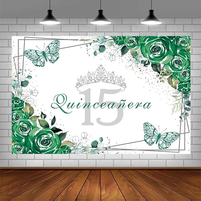 SENDY 8x6ft Quinceañera Backdrop Mis Quince 15 Anos Birthday Party Decorations Supplies for Girl Princess Green Floral Butterfly Silver Crown Photography Background Banner Photo Booth Studio Props