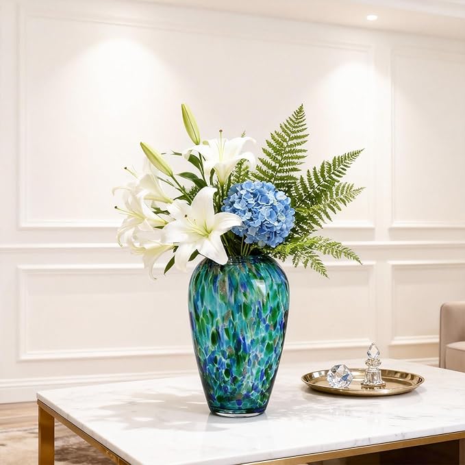 9" Tall Teal Vase Hand Blown Glass Vase Green, Modern Teal Home Centerpieces Wide Mouth Vases for Bud&Flower Decor - Ideal Living Room, Kitchen, Wedding, Dining Table, Office Center Table