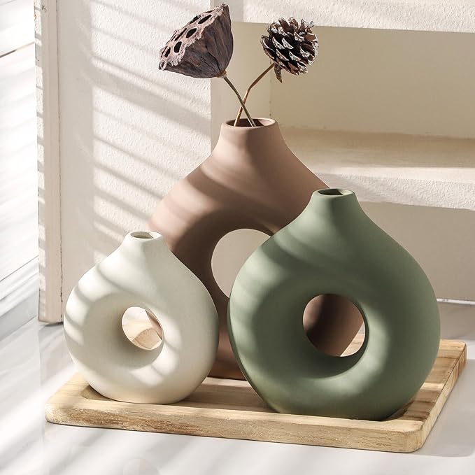 Ceramic Vase Home Table Decor - Flower Vases Set of 3 Small Living Room Centerpiece Decorations for Shelf Bedroom Office Kitchen Dining Desk Modern Aesthetic Farmhouse Decorative (Brown)