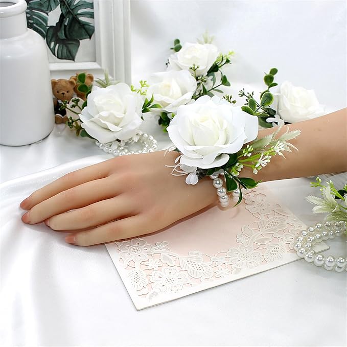 Meldel White Corsage and Boutonniere Set, Ivory Boutonniere, Prom Flower Wrist Corsage Bracelets, Homecoming Corsage Wristlet, Men Boutonniere for Wedding Flowers Accessories Prom Suit Decorations