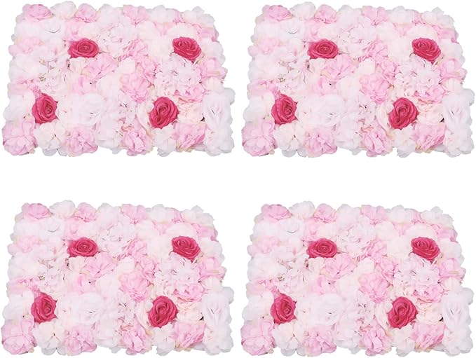 16"x 24" Artificial Flower Wall Panels,Flower Wall Mat Silk Flower Panels for Outdoor Garden Backyard Fence Fence Privacy Screen and Indoor Wall Decor (4Pcs Pink+Rose)