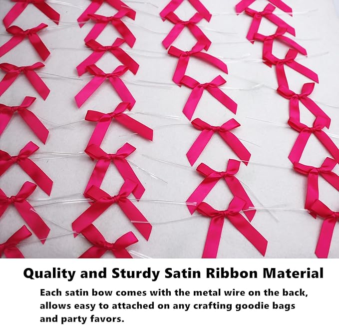 100 PCS 3 Inch Hot Pink Twist Bows for Treat Bags, Satin Twist Tie Bows, Pre Tied Bows with Wire, Ribbon Bows with Twist Ties, Bow Ties for Gift Bags, Popcorn Bags, Cookie Bags, Party Favors