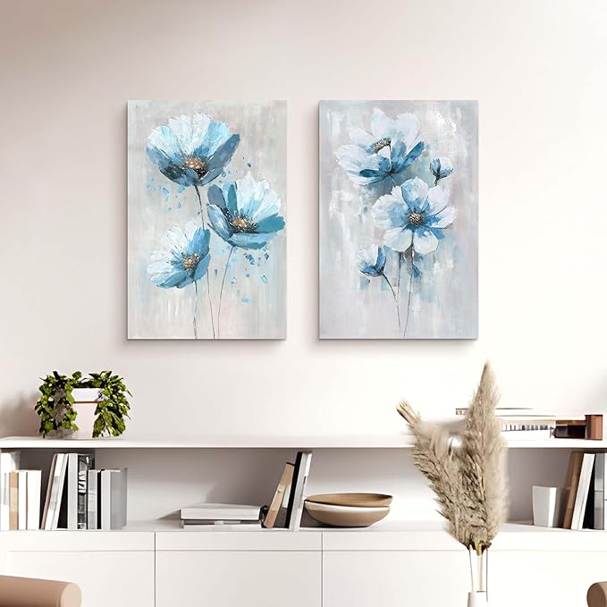 Flower Picture Canvas Wall Art: 2 Pieces Teal Floral Abstract Prints Artwork Vintage Turquoise Bouquet Botanical Painting for Bedroom Living Room Bathroom Home Office