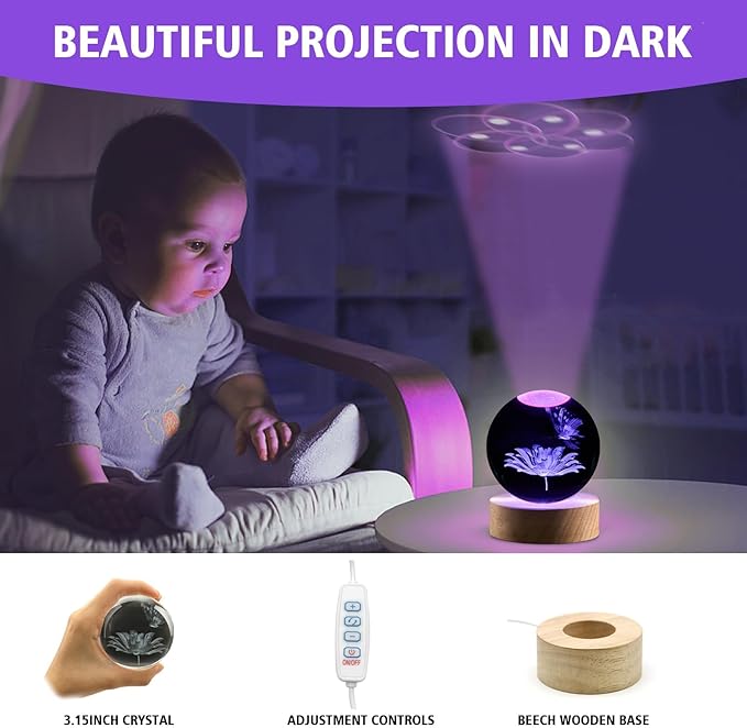 Butterfly Gifts for Women, 3.15in 3D Crystal Ball Lamp with Remote, Night Light, Butterfly Decor, Lamp Birthday Christmas Mother Day for Girls, Woman, Daughter