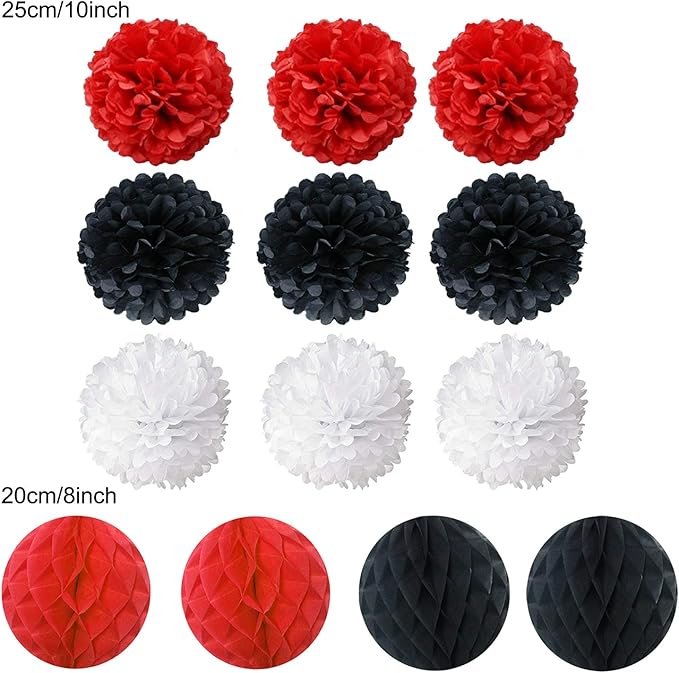 Tissue Paper Pom Poms, Recosis Paper Flower Ball for Birthday Party Wedding Baby Shower Bridal Shower Festival Decorations, 18 Pcs - Red Black White