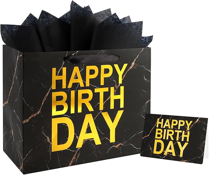 ASYEHJNR 13" Large Size Black Gold Birthday Gift Bag Marble with Metallic Gold Happy Birthday Sign Gift Bag with Greeting Card and Tissue Paper for Boy Men Bday Supplies