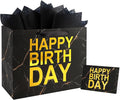 ASYEHJNR 13" Large Size Black Gold Birthday Gift Bag Marble with Metallic Gold Happy Birthday Sign Gift Bag with Greeting Card and Tissue Paper for Boy Men Bday Supplies