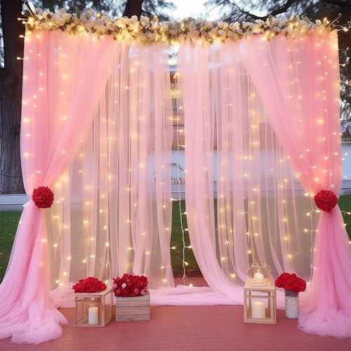 10ft x 8ft Pink Backdrop Curtain with Lights String for Parties, Sheer Tulle Wedding Photo Backdrops Drapes for Baby Shower Birthday Party Decorations Background for Photography