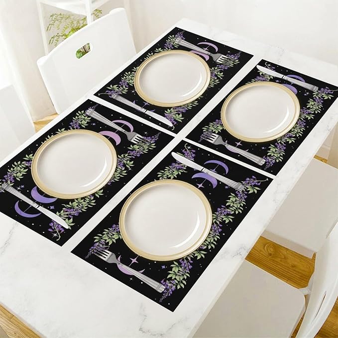 Boho Moon Flowers Placemats Set of 4,Natural Plant Moon Phase Moonlight Kitchen Party Event Table Decor,12x18 Inch,Purple 4 PCS, Style-11