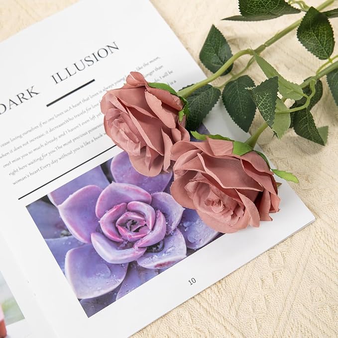 Laelfe Artificial Flowers Dusty Pink Roses Fake Silk Flower Long Stem Artificial Roses for Home Wendding Bathroom Party Decorations