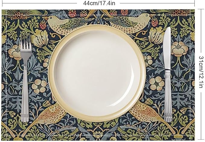 William Morris Floral Placemats Set of 4, Vintage Flower Strawberry Birds Place Mats, Heat Resistant Non Slip Cotton Linen Dining Table Mats for Home Kitchen Party 18x12 Inch
