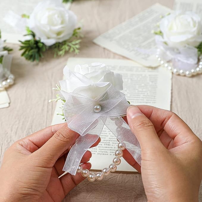 Artificial Flowers White Rose Wrist Flowers and Men's Corsage Wedding Flowers Ceremony Prom Flower (2 Boutonniere & 2 Wrist Corsage White)