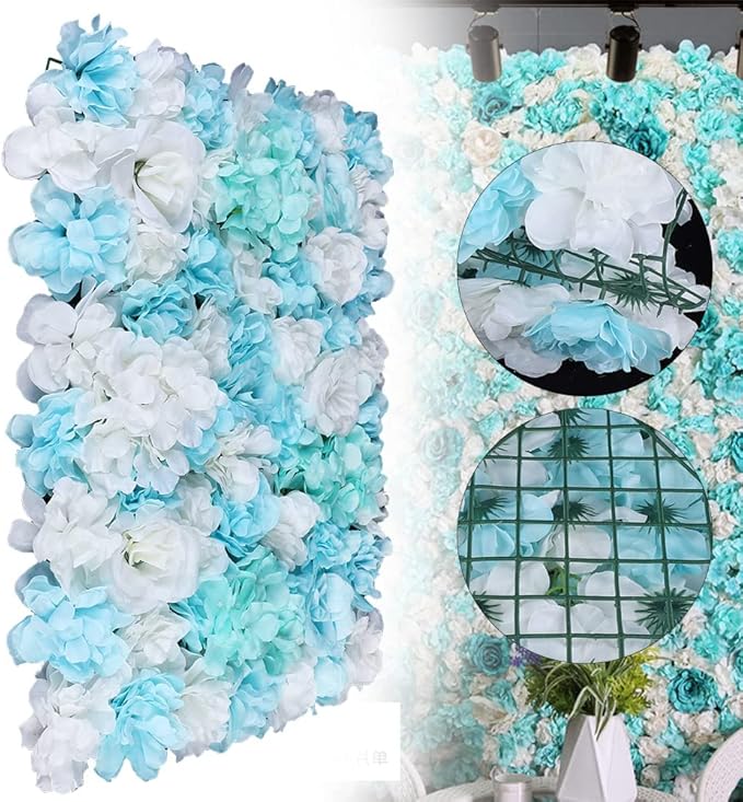 LOYALHEARTDY 12 Pack Artificial Flower Wall Panels 24" x 16" Blue & White Faux Hydrangea and Rose Artificial Flower Backdrop Panels for Wedding Party Event Flower Wall Decor
