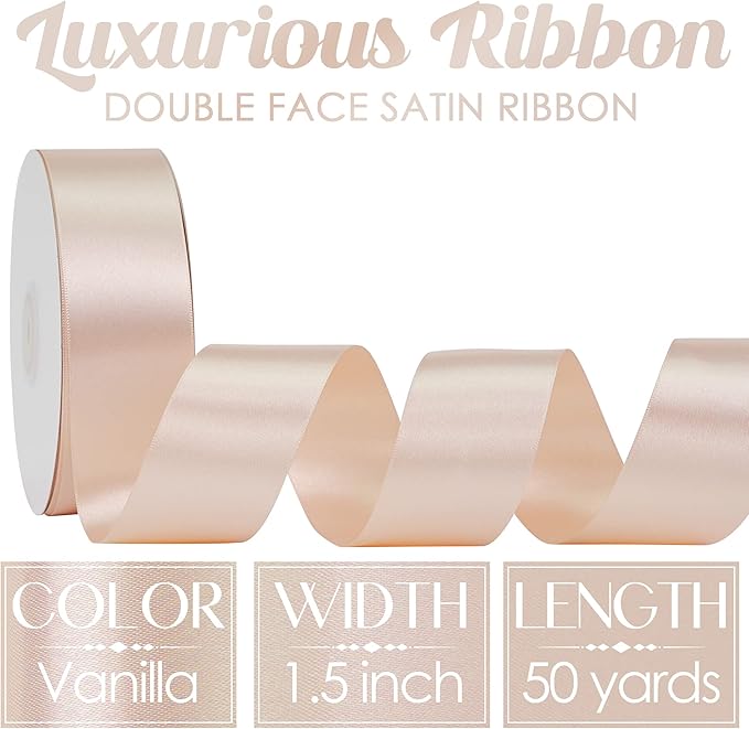 MEEDEE Vanilla Satin Ribbon 1-1/2 Inch Vanilla Ribbon Lux Double Faced Satin Ribbons by 50 Yards Polyester Satin Ribbons for Crafts, Weddings, Flower Bouquet, Holiday Decorating