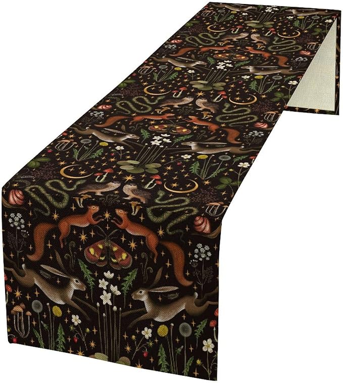 Rustic Forest Table Runner, Fairy Tale Forest Woodland Wild Animals Moths Flowers Table Runner for Farmhouse Cottage Kitchen Dining Table Decor Indoor Outdoor Party, 13x108inch