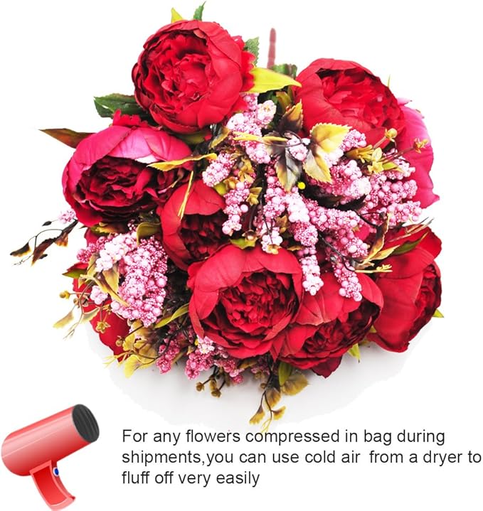 1pcs Artificial Peony Bouquet,19 Inch Silk Peony Bunch with 7 Faux Flowers,Classical Style Artificial Flowers with Leaves and Ornaments for Wedding,Home Décor Centerpieces(Red)