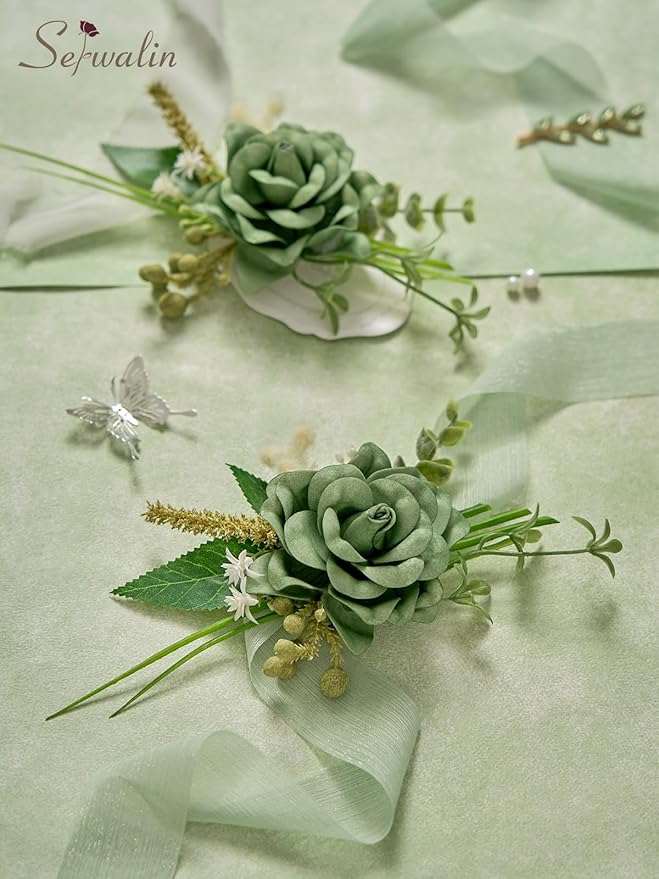 Serwalin Set of 2 Boutonniere for Men, 6-7inch Corsage Groom Groomsman Best Man Boutonnieres for Wedding Prom Ceremony Anniversary Party Cake Topper, Green