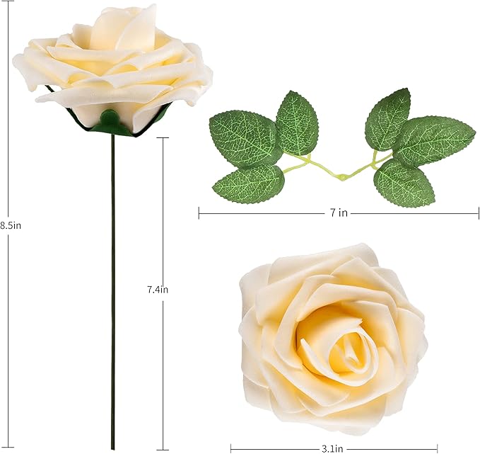 Artificial Flower Foam Rose 25pcs Real Looking Fake Rose with Stems Leaves for Home Decoration Party Garden Centerpieces DIY Wedding Bouquets（Champagne）