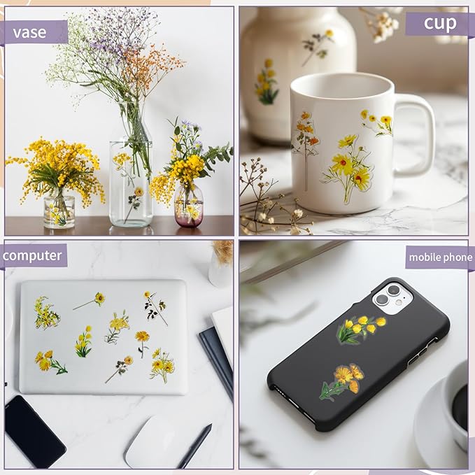 Natural Flower Stickers for Scrapbooking,PET Nature Plant Stickers Floral Stickers Vintage Craft Sticker,Colorful Small Flower Sticker for Journaling Scrapbooking Clear Flower Decal (Style F)