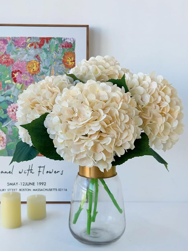 YalzoneMet 4Pcs Champagne Silk Hydrangea Artificial Flower Lifelike Big Blooms 20'' Long Stem Faux Hydrangea Flower Bouquets for Home Party Indoor Outdoor Wedding Table Centerpiece Decor