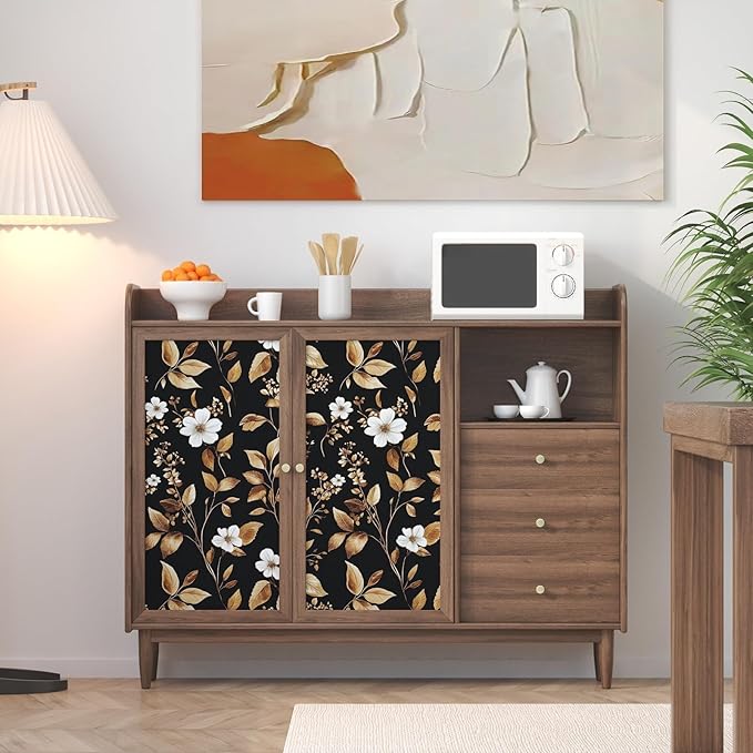 Vintage Black Peel and Stick Wallpaper – Black and Gold Floral Leaf Design Dark Metallic Self-Adhesive Vinyl Contact Paper for Bedroom, Cabinet, Drawer, Shelf Removable Wall Paper 17.5" x 118"