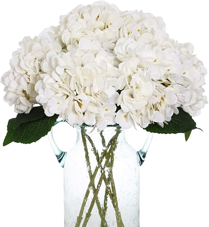 Kimura's Cabin 6pcs Faux White Hydrangeas Fake Flowers Artificial Silk Hydrangea Flower With Stems Bouquets Arrangement for Home Table Centerpieces Wedding Baby Shower Birthday Party Decoration(White)
