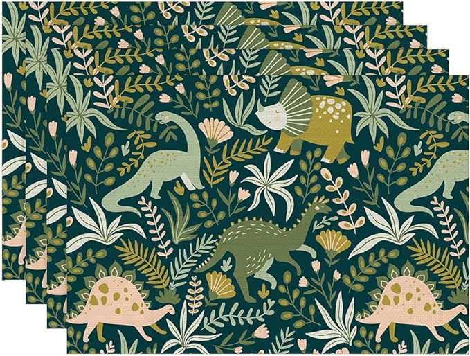 Placemats Set of 4 Dinosaurs and Tropical Leaves Dining Place Mats Linen Table Mat for Farmhouse Home Kitchen Decor 12 X 18 Inch