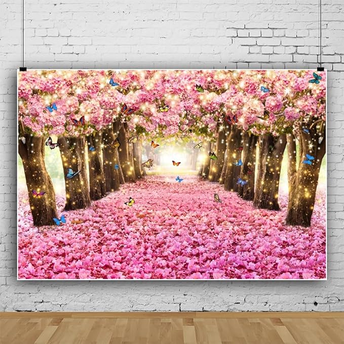 Renaiss 10x6.5ft Pink Cherry Blossom Backdrop Fairy Tale Romantic Pink Flowers Tree Butterfly Floral Petal Falling Boulevard Photography Background for Wedding Newborn Party Decor Photo Props