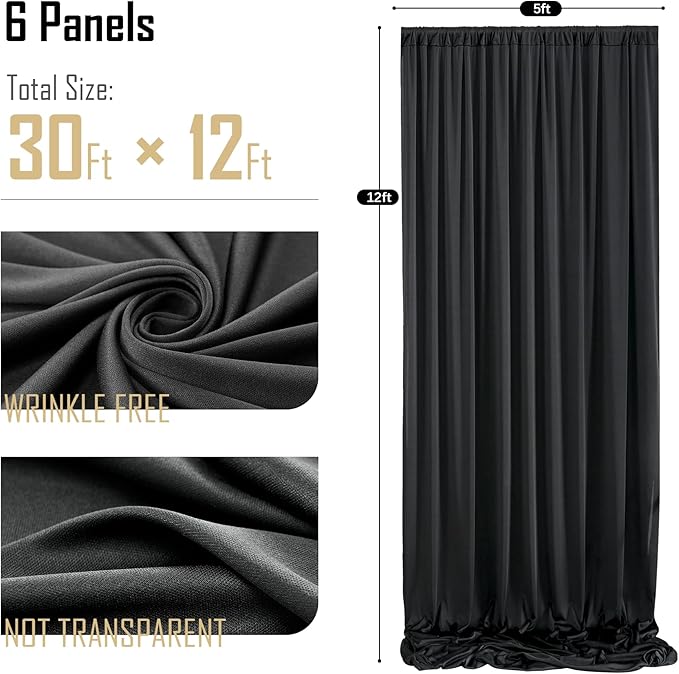 gogoparti 30 ft × 12 ft Black Backdrop Curtain for Wedding Parties, 6 Panels Wrinkle-Free 12 FT Long Polyester Photo Backdrop Drapes for Birthday, Baby Shower, Halloween Photography Background