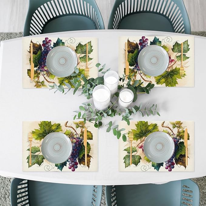 Fruit Grapes Purple Abstract Placemats Set of 6 PVC Vinyl Non Slip Table Mats Waterproof Heat Resistant Place Mats Washable Wipeable Dining Table Mat for Kitchen Party Indoor Outdoor Decorative