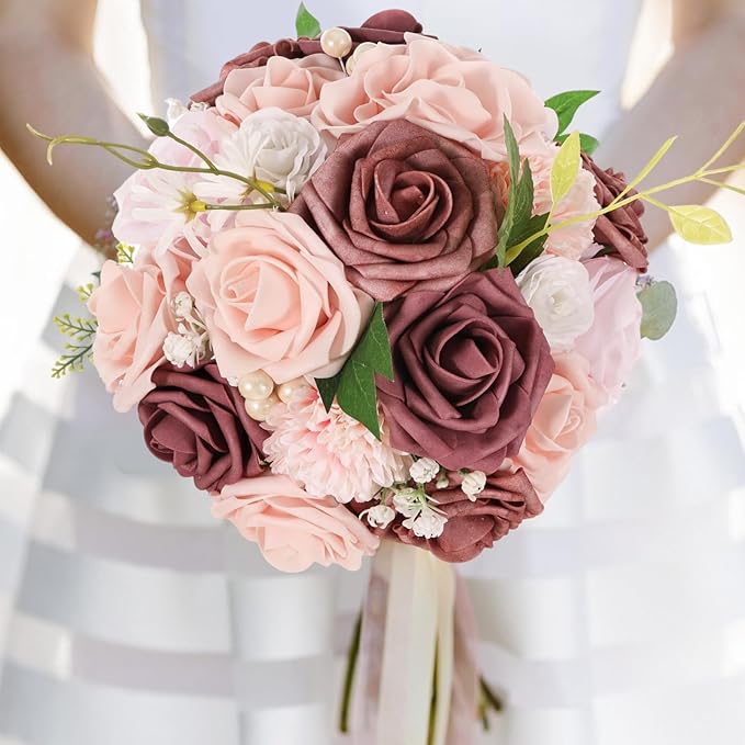 Artificial Flowers Combo Dusty Pink White Roses with Stems Leafs Bouquets Bridal Wedding Shower Decorations Fake Floral for Party Table Centerpieces