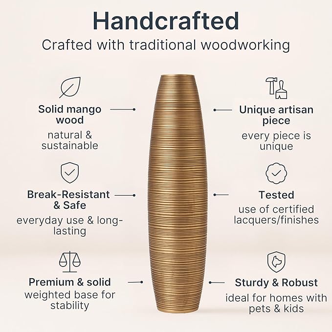 Leewadee Large Gold Home Decor Floor Vase - Wooden 26 inch Tall Farmhouse Decor Flower Holder for Fake Plant and Pampas Grass
