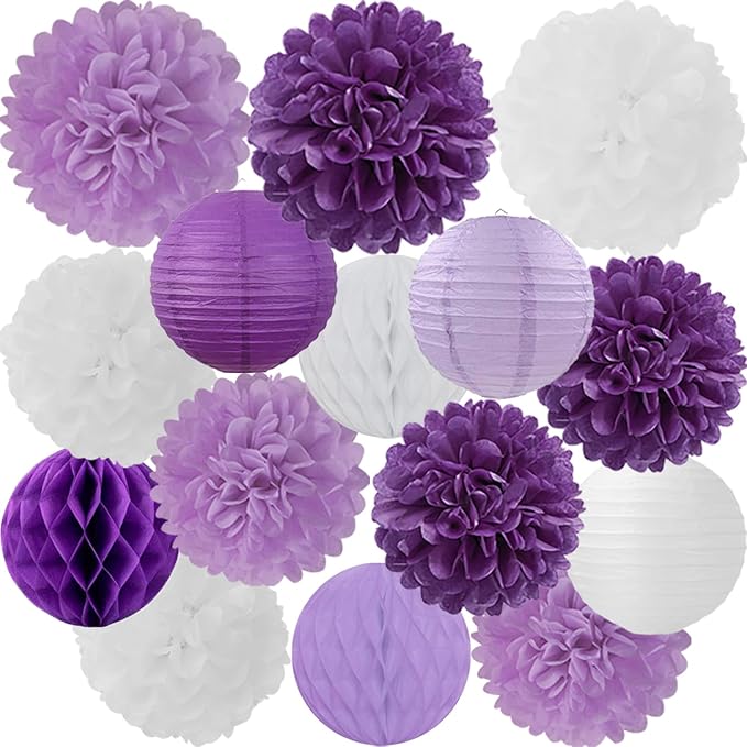 Purple White Paper Flowers Tissue Pom Poms Honeycomb Lanterns 15pcs Party Decorations for Birthday Lavender Baby Shower Wedding Mom Bridal Lilac Retirement Graduation Hanging Decor Mprocherify