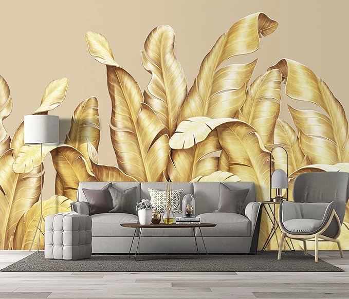 Gold Banana Leaf Botanical 3D Wallpaper Bedroom Tropical Plant murals Aesthetic Room Decor Living Room tv Background Large Wall Mural - 160"x108" Not Peel and Stick