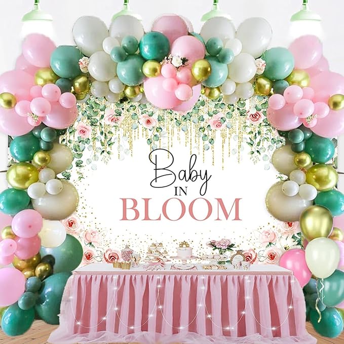 Sensfun Baby in Bloom Backdrop Green Leaves Pink Flowers Baby Shower Party Decorations Girls Greenery Floral Baby in Bloom Banner Gold Glitter Dots Photography Background Cake Table Supplies 6x4ft