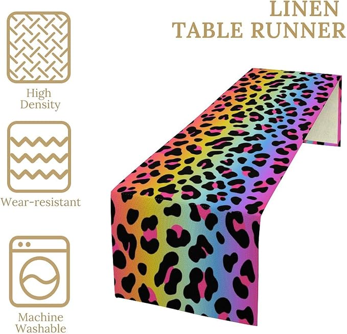 Rainbow Leopard Skin Print Table Runner, Wildlife Colorful Neon Cheetah Dots Dinner Runner Table Decoration for Farmhouse Home Kitchen Dining Table Party Holiday Decor 13x120in
