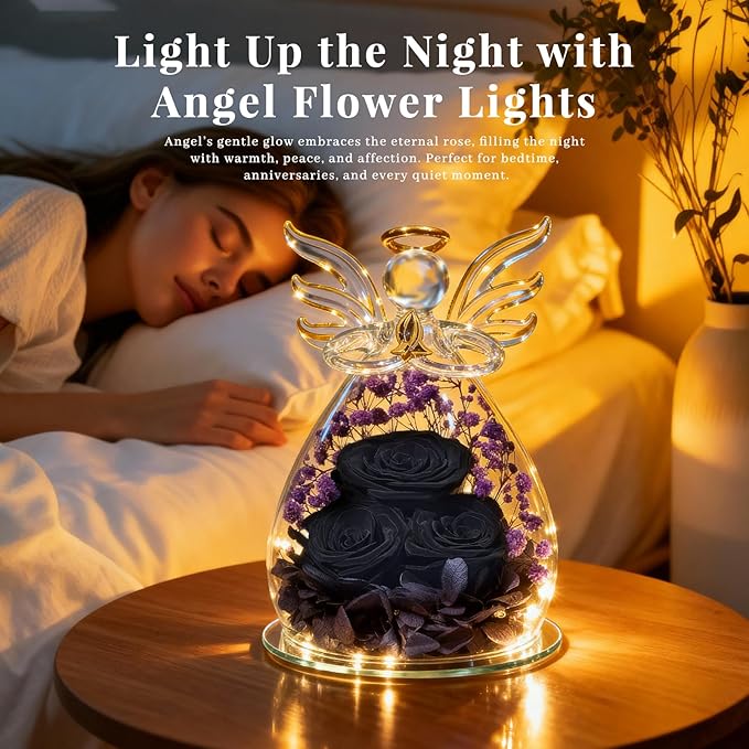 Beferr Christmas Birthday Gifts for Women, Mom Gifts for Christmas Fresh Flowers for Delivery Prime Forever Preserved Rose in Glass Angel, Xmas Gifts for Grandma Wife Sister Her, Black & Purple