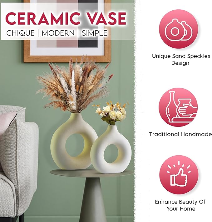 White Ceramic Vase Set of 2, Modern Vases for Centerpieces, Round Matte Donut Vase for Fresh Cut Flowers, Living Room, Console Table, and Spring Decor