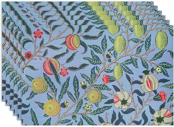 Vintage Fruit Placemats Set of 6, William Morris Retro Boho Flower Botanical Plant Place Mats, Heat Resistant Non Slip Cotton Linen Dining Table Mats for Home Kitchen Party 18x12 Inch