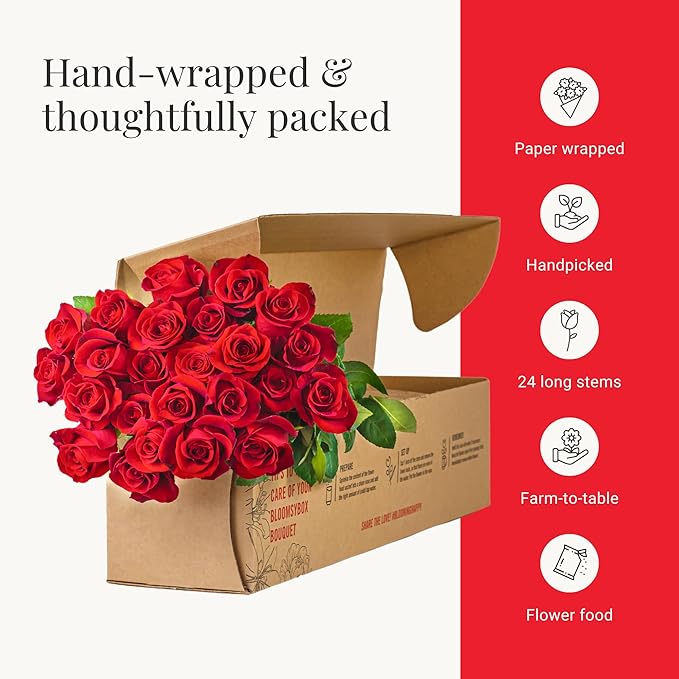BloomsyBox - Red Roses - 24 Long Stems, Long Lasting, Hand-Tied in Eco-friendly, Vase Not Included, Fresh Flowers for Delivery – Gift for Birthday, Anniversary, Get Well, Congratulations, Wedding
