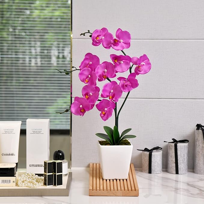 15" Tall Artificial Silk Phalaenopsis Orchid Flower Plant Pot Arrangements (Dark Blue-Purple)