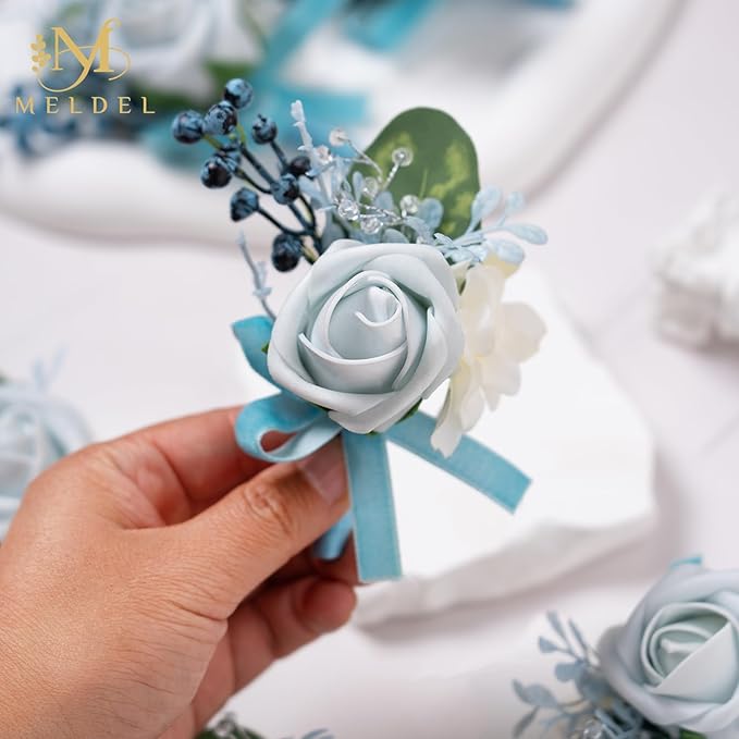 Meldel Blue Boutonniere for Men Wedding, Set of 6, Best Man Groom Groomsmen Boutonniere, Men Boutonnieres for Wedding Prom Party Homecoming Graduation
