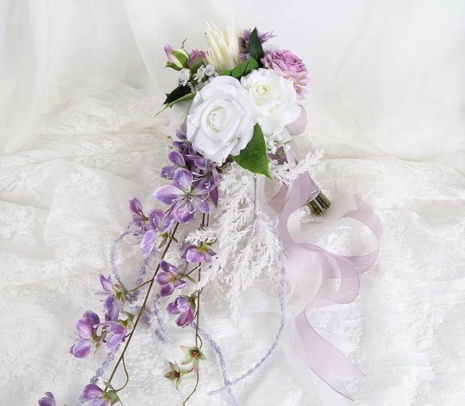 Bridal Bouquet,9 Inch Wedding Bouquets Purple and White Fake Wedding Silk Flowers for Ceremony Anniversary Brides Shower(Purple)
