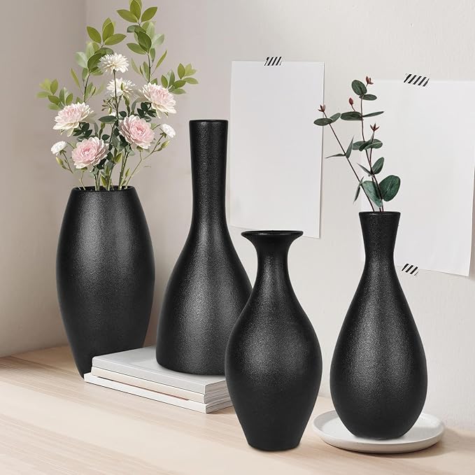 Black Ceramic Vases Set of 4, Handmade Classic Matte Vases for Home Decor,Rustic Bud Vases Decorations for Table,Shelf,Office,Housewarming, (Black)