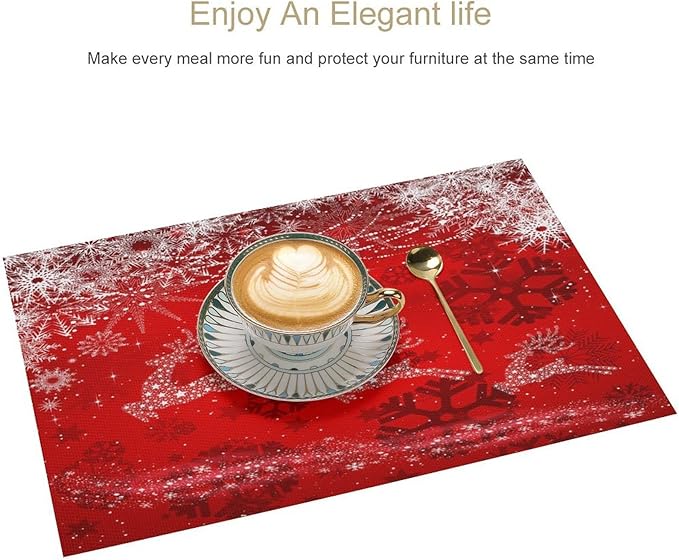 Christmas Elk Placemats Cartoon Red Festive Christmas Snowflake Gift Bell Beautiful Deer Placemats Table Kitchen Dining Party 12x18 Inch Set of 4