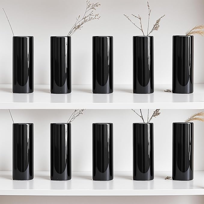 Modern Black Ceramic Vase Set of 10 for Living Room Bedroom 5.51'' Minimalist Fresh Small Flower Vases for Bouquet Fake Plant Home Decor Office Fireplace Centerpieces Nordic Style 10 Pack