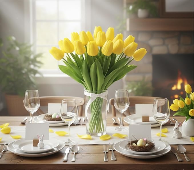 Yellow Faux Tulips (20 Pcs) - Premium PU Artificial Flowers for Christmas & Thanksgiving Table Setting, Winter DIY Home Decor - 13.5" Real Touch